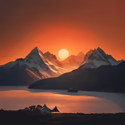 the sun setting on a mountain that is near a lake
