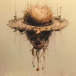 an artistic painting of a skull head floating in water