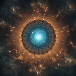 a big, blue flower of life with white speckles