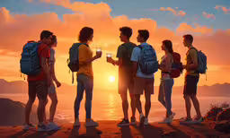 four friends drink champagne and share a toast as the sun sets,group of teenagers looking at sunset at the beach