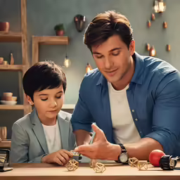an adult is giving a boy a smart watch while seated at the table