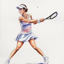 a painting of a woman tennis player, painted with colored pencils,the woman is playing tennis with a racket,a drawing of a girl with a tennis racket,a painting of a female tennis player with a tennis racket,a woman in tennis outfit with racket hits a ball
