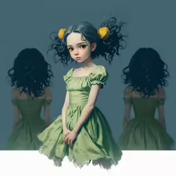 a painting of a young girl in green dress