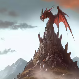 a tall dragon statue stands on top of some rocks