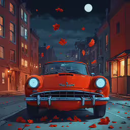 an orange classic car sitting in front of a street,an orange classic car in the street at night