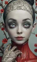 a digital painting of a woman wearing a red dress and makeup