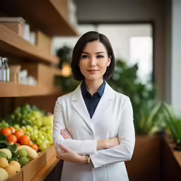a woman in a white coat standing next to fruits