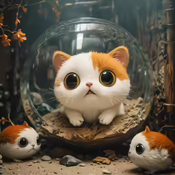 a cat is standing inside a bowl with big eyes