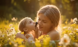 the woman and young child are in the flowers