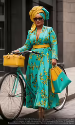 a woman wearing a long dress is riding a bike and holding two bags