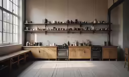 a wood paneled kitchen with shelves above and tea kettles and other cooking ware in front