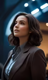 a woman with brown hair wearing a suit