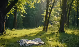 the blanket is laying in the grass under the trees