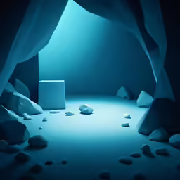 a dark room with rocks and water on the ground