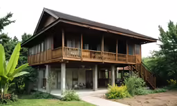 a large wooden building next to trees and grass