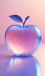 an apple with a single leaf sits on a shiny surface
