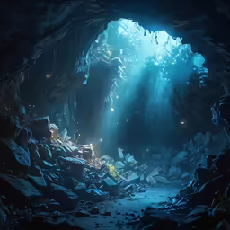a light beam in a cave surrounded by rocks