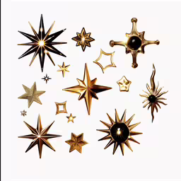 gold and black stars and candlesticks on a white surface,different kinds of stars on white background