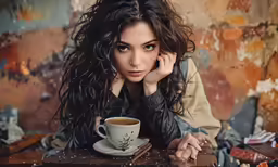 a girl sitting at a table with a cup and saucer