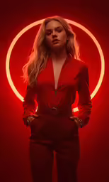 a woman standing with her arms on her hips wearing red