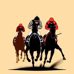 three jockeys are racing on their horses in a competition,four jockeys on horses are galloping around in uniforms
