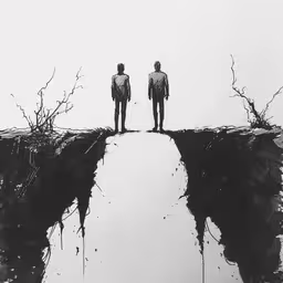 an image of two people standing at the edge of a cliff,black and white photograph of two people standing on a rock cliff