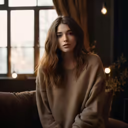 an asian female with long hair sitting on a couch
