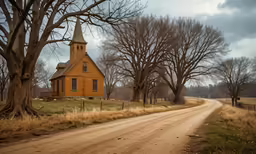 a dirt road runs past an old farmhouse