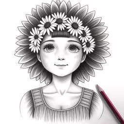 a drawing of a girl wearing flowers on her head,a woman with a sunflower on her head