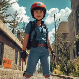 a boy dressed in shorts and a helmet