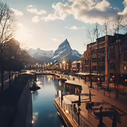 a river runs through a city surrounded by mountains