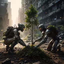 two robot soldiers plant a tree next to each other