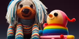 a stuffed animal sits with a stuffed doll