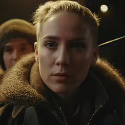 two people in winter clothing, one woman is looking into the distance