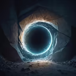 a tunnel opening with glowing circles inside