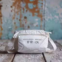a white bag on a wood table with rusted wall