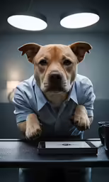 the dog is sitting in front of a desk wearing a business shirt and tie