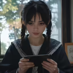 a girl in hoodie using tablet computer in front of window