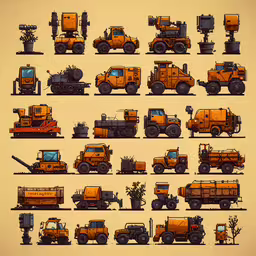 multiple images of many different trucks in each photo,some yellow vehicles in multiple stages and different types