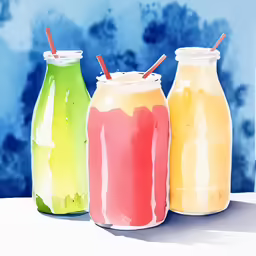 three jars containing drinks, one for ice cream and one for milk