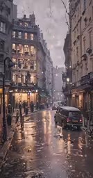 a wet street with people, cars and buildings