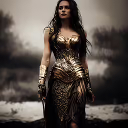 the woman in costume is walking on the field