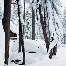trees in the snow and a house and buildings in the background