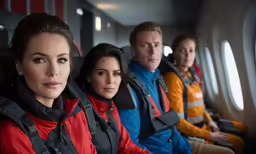 four people are sitting on a plane in their seats