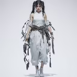 a woman dressed in white standing in front of a white background