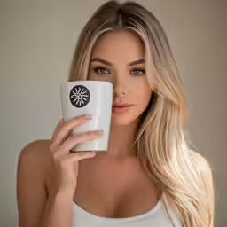 the woman holding a white cup is holding her hand on top of the cup