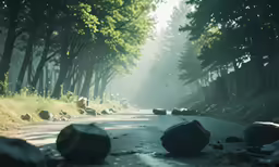 the forest is dotted with trees, rocks and a stone path