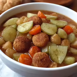 a bowl of stew with potatoes, carrots and meatballs