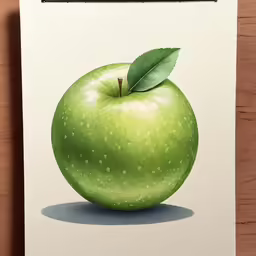 an apple on paper sitting on a wooden surface