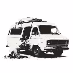 an old van with a woman and child by the rear door